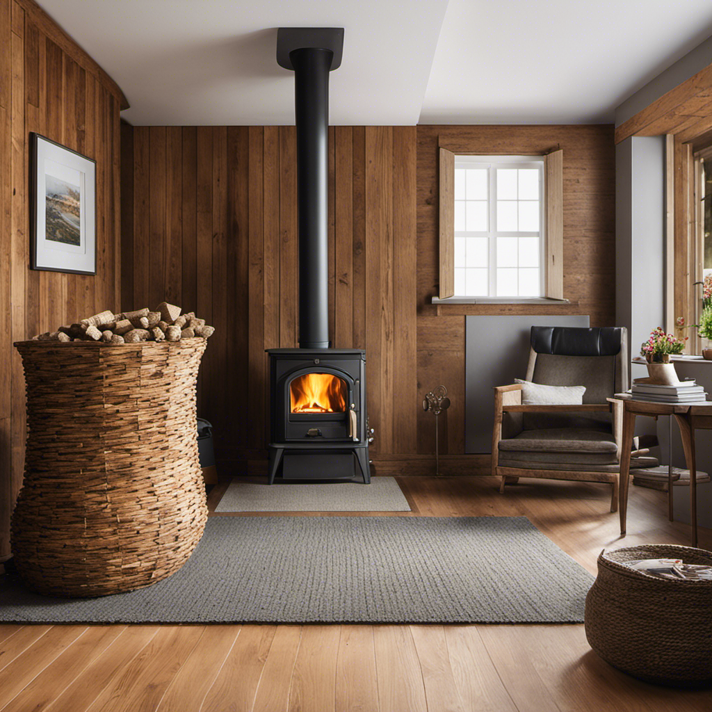 An image featuring a cozy living room with a crackling pellet stove as the focal point