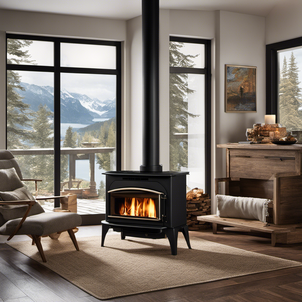 An image showcasing a cozy living room with a roaring wood stove at its center