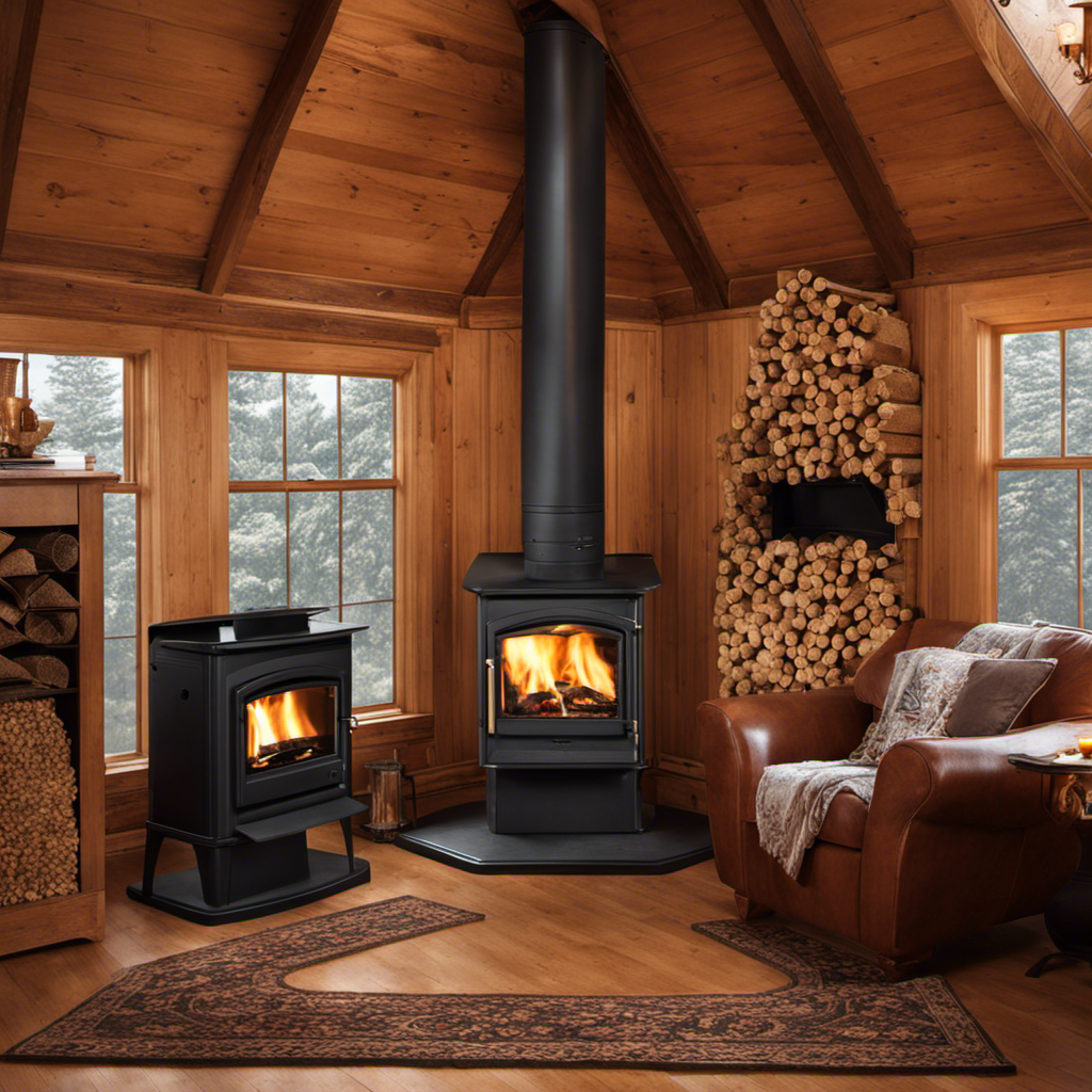 An image featuring a cozy living room adorned with a pellet stove, surrounded by stacks of high-quality wood pellets from reputable stores in Western MA