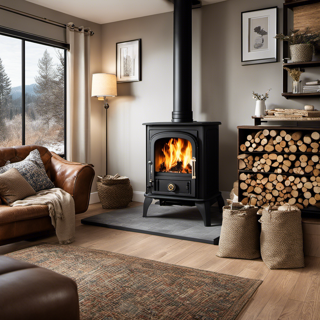 An image showcasing a cozy living room with a crackling wood stove