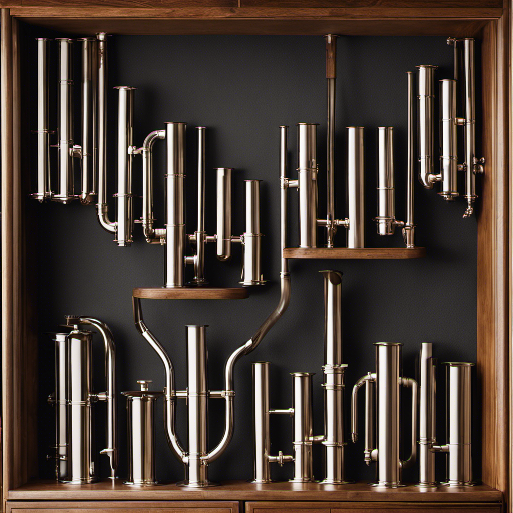 An image showcasing a variety of 8-inch wood stove pipes and fittings neatly arranged on a display, highlighting their different shapes, materials, and finishes