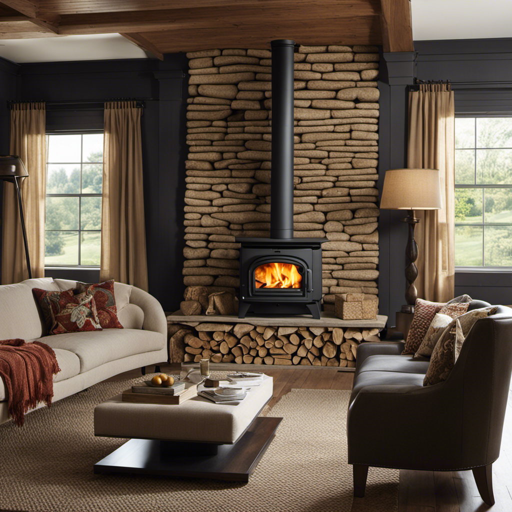 An image showcasing a cozy living room with a pellet stove as the focal point, surrounded by neatly stacked softwood pellets