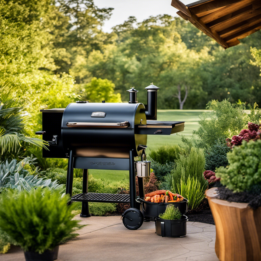 An image showcasing a vibrant outdoor setting with a variety of Traeger Wood Pellet Grills on display, surrounded by lush greenery