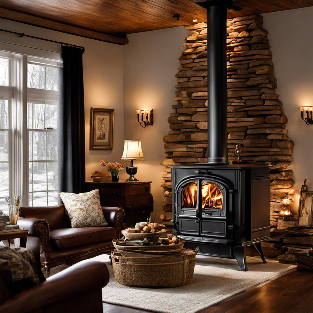 An image showcasing a cozy living room in Pennsylvania, adorned with a magnificent Firechief Wood Stove as its centerpiece