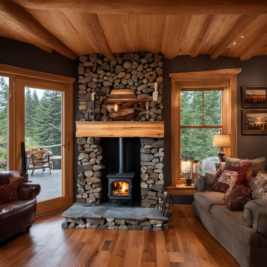An image showcasing a cozy living room with a crackling wood stove nestled against a wall of picturesque wooden logs