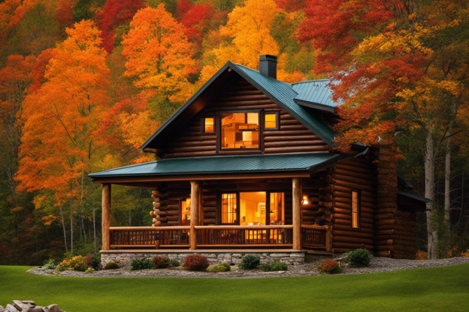 An image showcasing a cozy log cabin nestled in the scenic Ozark Mountains of Missouri, surrounded by vibrant fall foliage