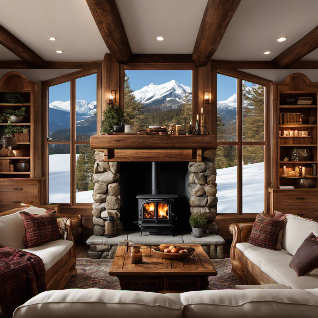 An image showcasing a cozy living room with a crackling fire in a Kimberly Wood Stove, surrounded by rustic wooden furniture and a large window overlooking a snowy mountain landscape