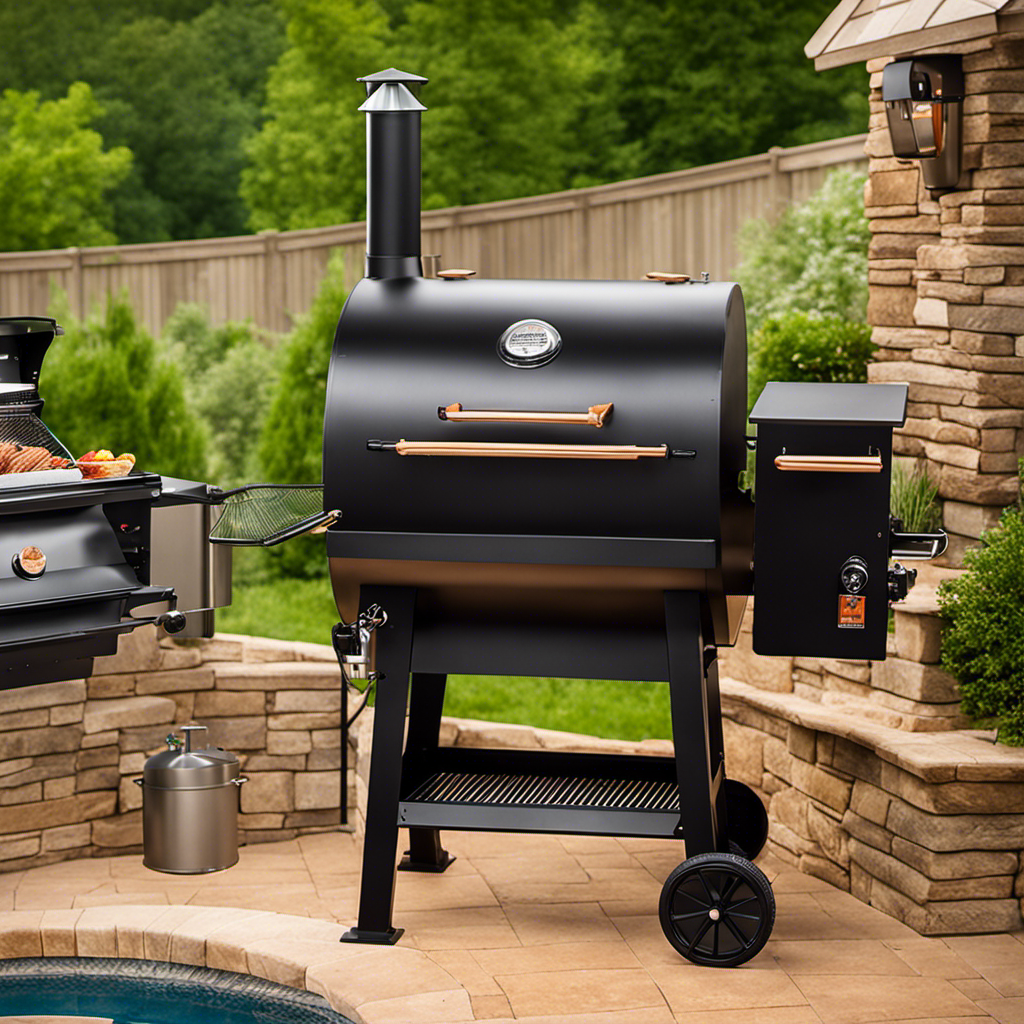 An image showcasing a backyard scene with a Copperhead Wood Pellet Smoker 5-Series