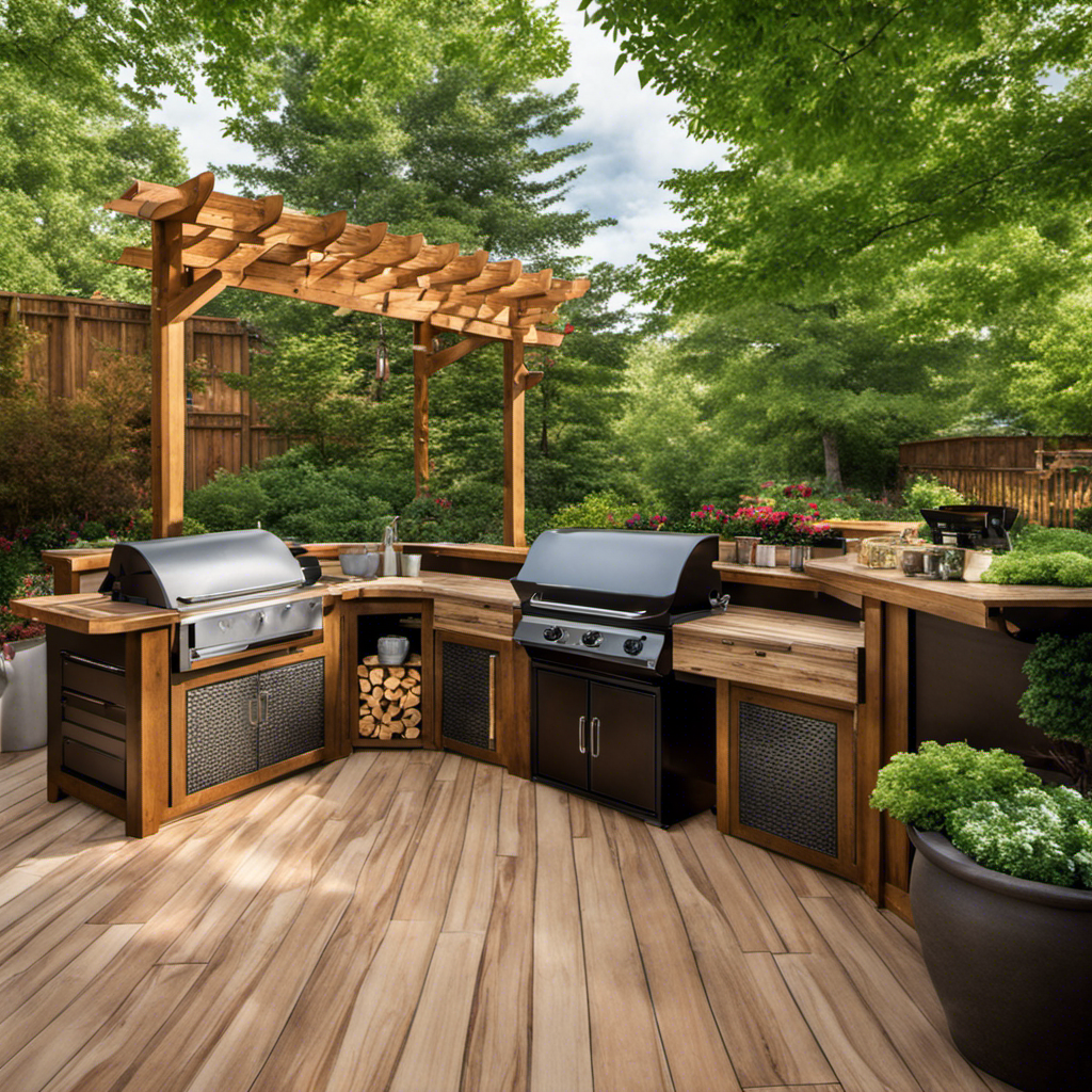 An image showcasing a serene backyard setting with a rustic wooden deck, adorned with a stylish wood pellet grill