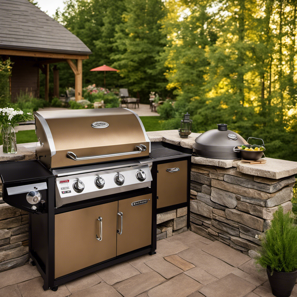 An image showcasing a picturesque outdoor scene, with a cozy backyard patio featuring a Camp Chef Wood Pellet Grill as the focal point