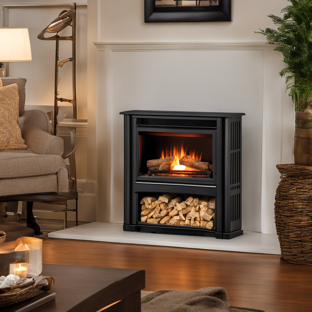 An image showcasing a cozy fireplace with a stack of Pennington Wood Pellet Fuel bags neatly arranged beside it