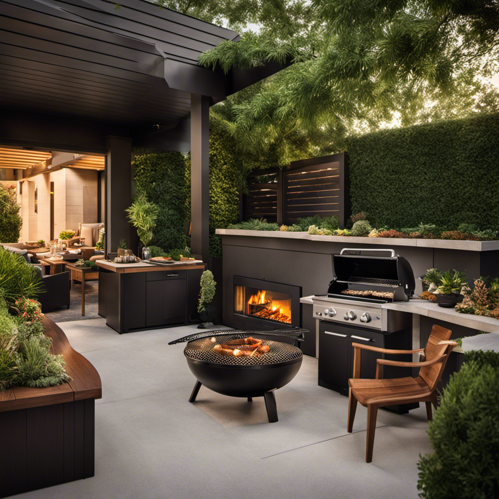 An image showcasing a picturesque outdoor patio setting, featuring a sleek, modern wood pellet grill as the focal point