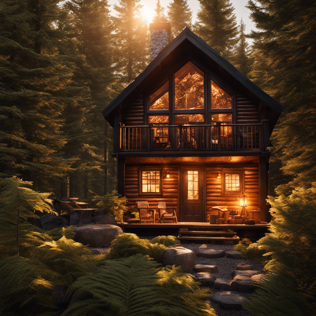An image showcasing a cozy cabin surrounded by dense forests, with a neatly stacked pile of high-quality wood chips beside a pellet stove