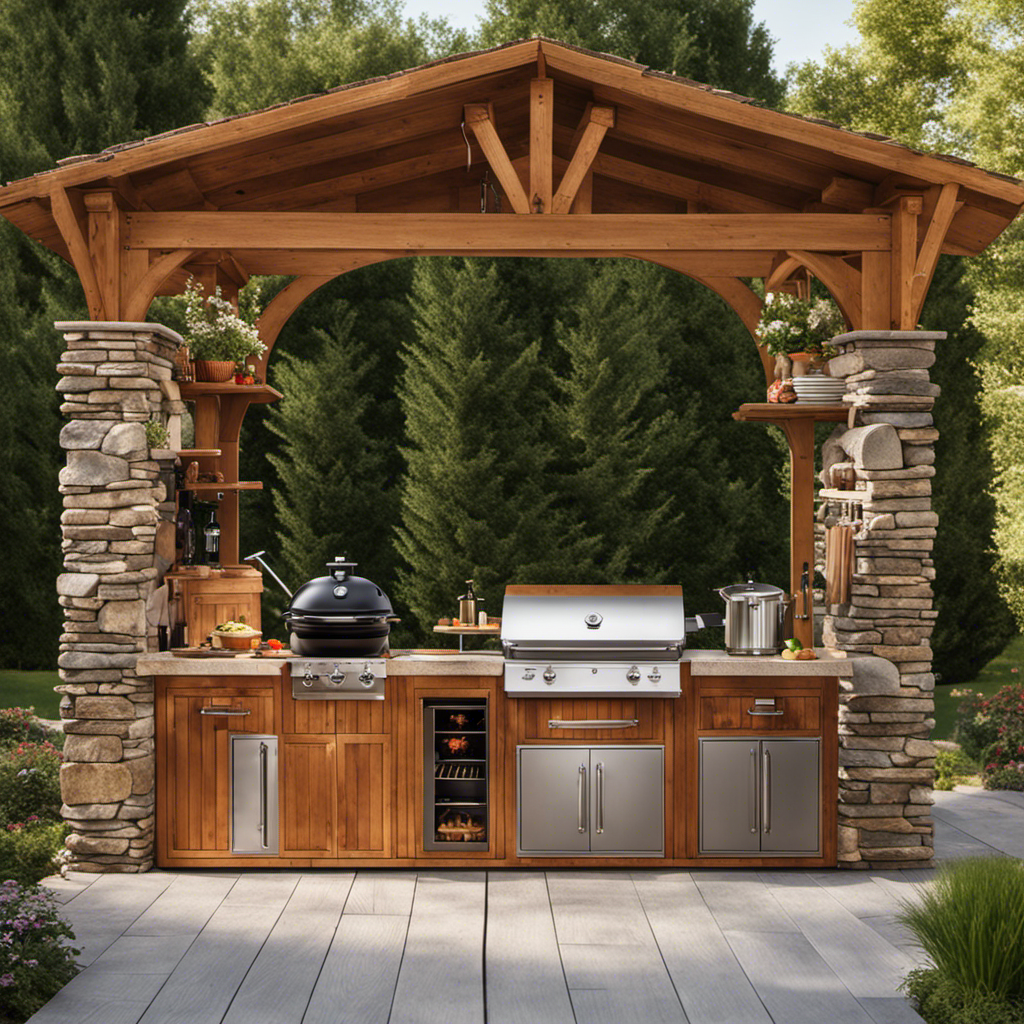 An image showcasing a picturesque outdoor kitchen scene with a variety of wood pellet cookers displayed prominently