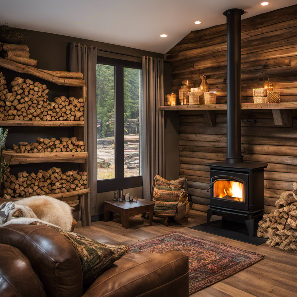 An image with a cozy, rustic living room featuring a roaring pellet stove in Estacada, Oregon