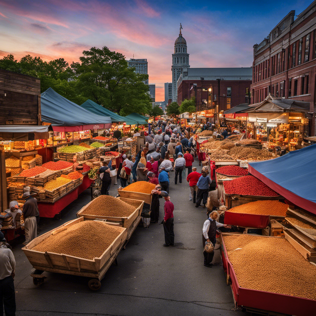 An image showcasing a bustling market scene in Louisville, KY, with vibrant stalls selling bags of premium wood pellet fuel