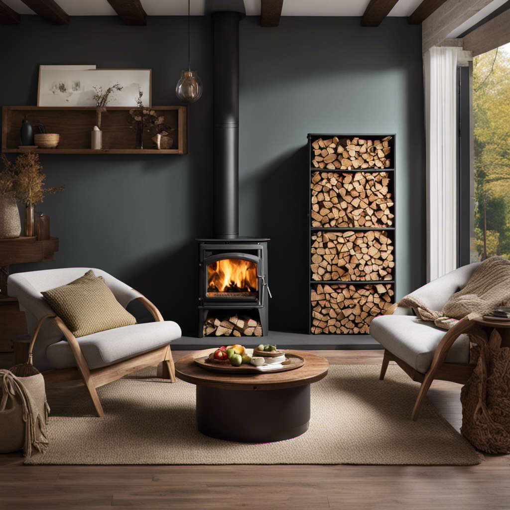An image showcasing a cozy living room with a pellet stove as the focal point