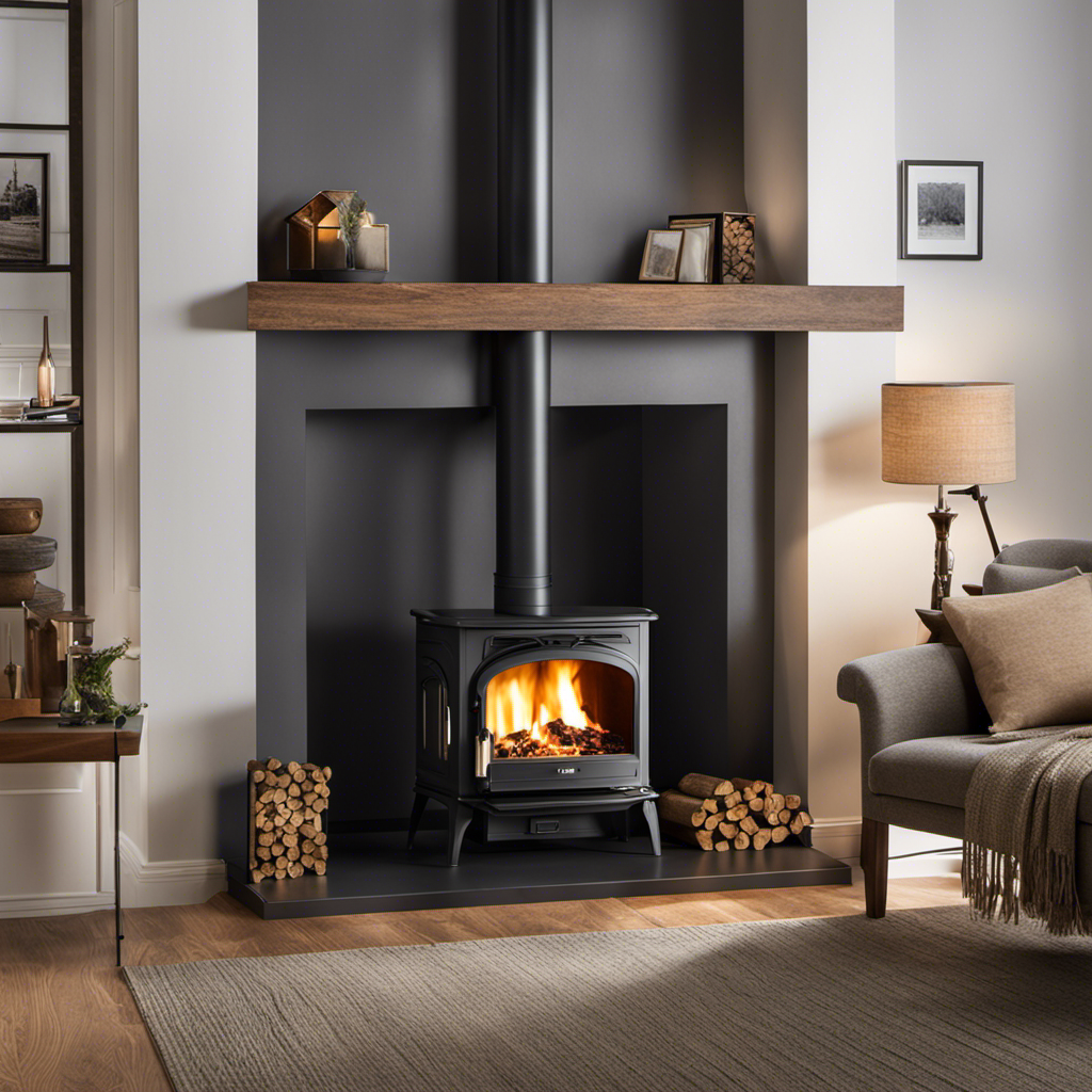 An image showcasing a cozy living room with a pellet stove as the focal point
