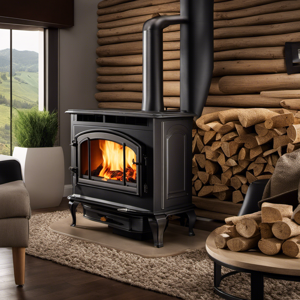 An image showcasing a cozy living room with a blazing pellet stove as the focal point