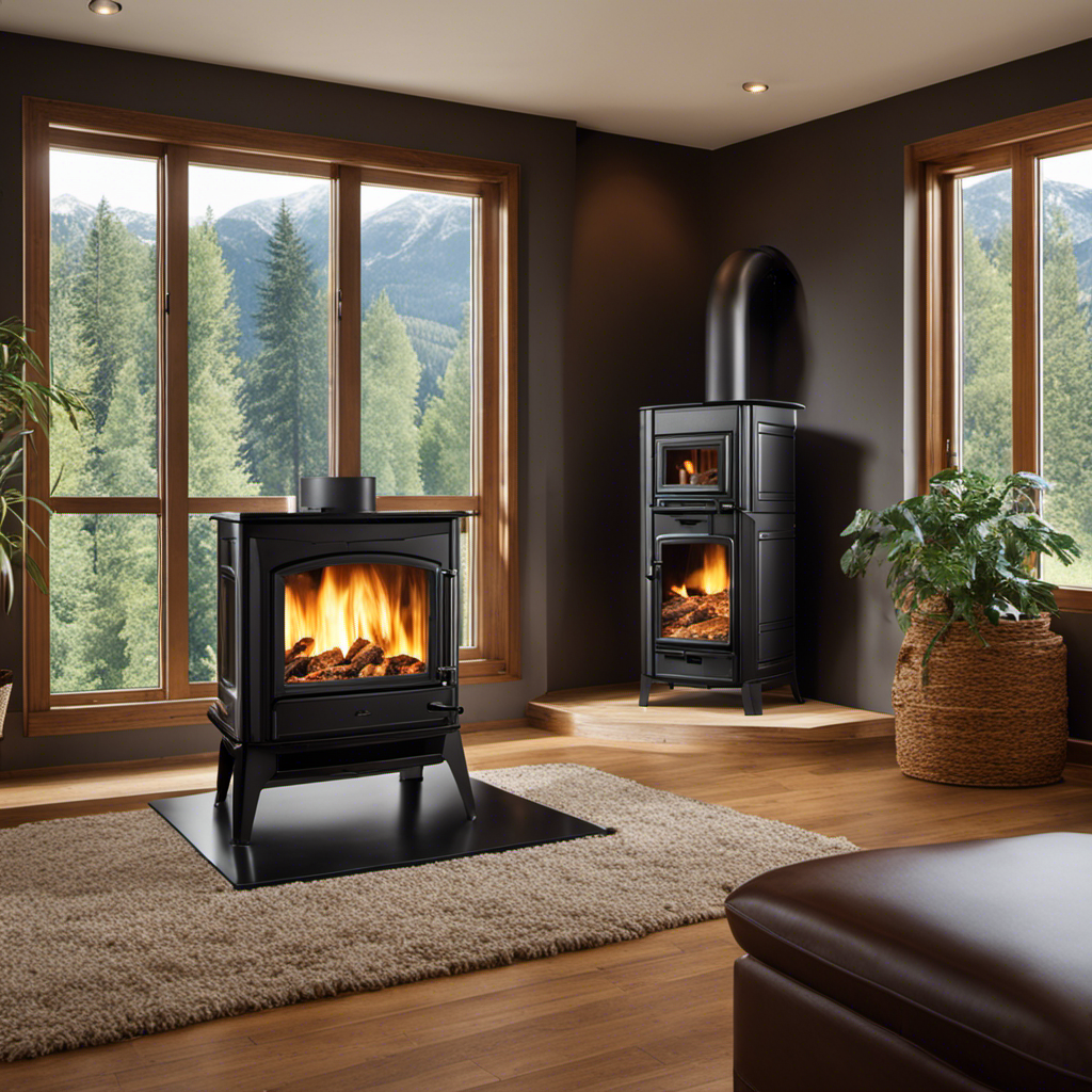 An image showcasing a cozy living room with a roaring pellet stove, featuring a stack of high-quality wood pellets neatly stored beside it