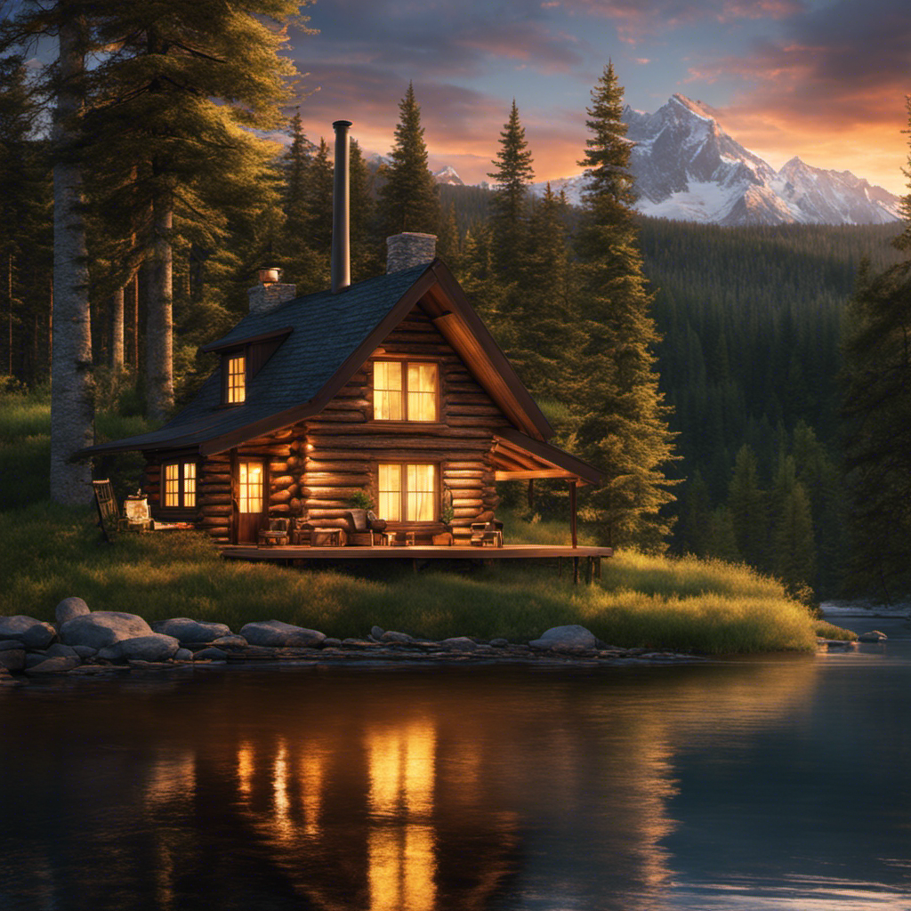 An image featuring a rustic cabin nestled in a serene forest setting, showcasing a wood stove pipe elegantly installed against a stone chimney, emanating a warm glow and wisps of smoke blending with nature