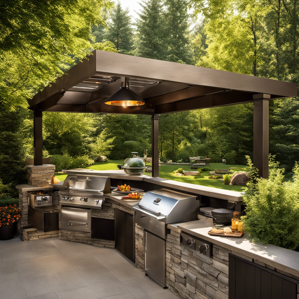 An image showcasing a picturesque backyard patio, adorned with lush greenery, where a sleek and modern wood pellet grill takes center stage