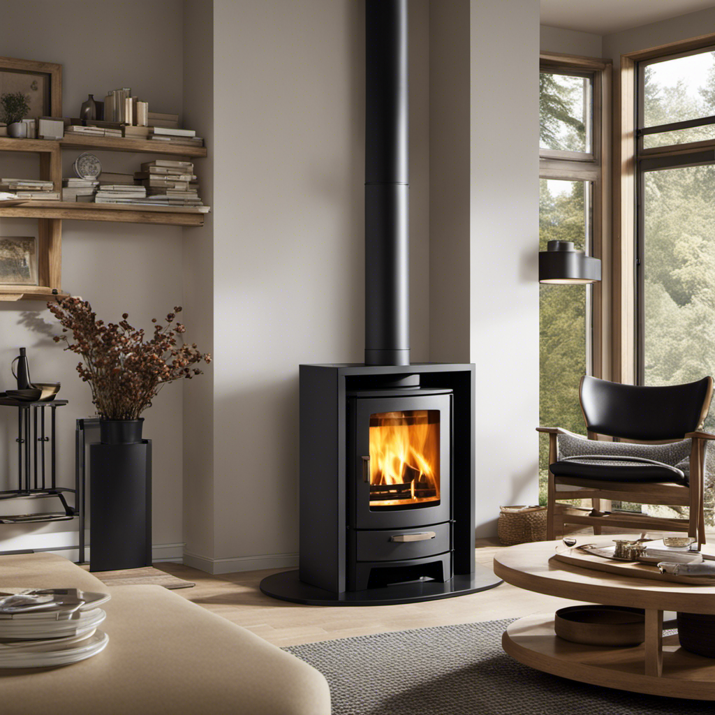 An image showcasing a cozy living room with a sleek, modern high-efficiency wood burning stove as the focal point