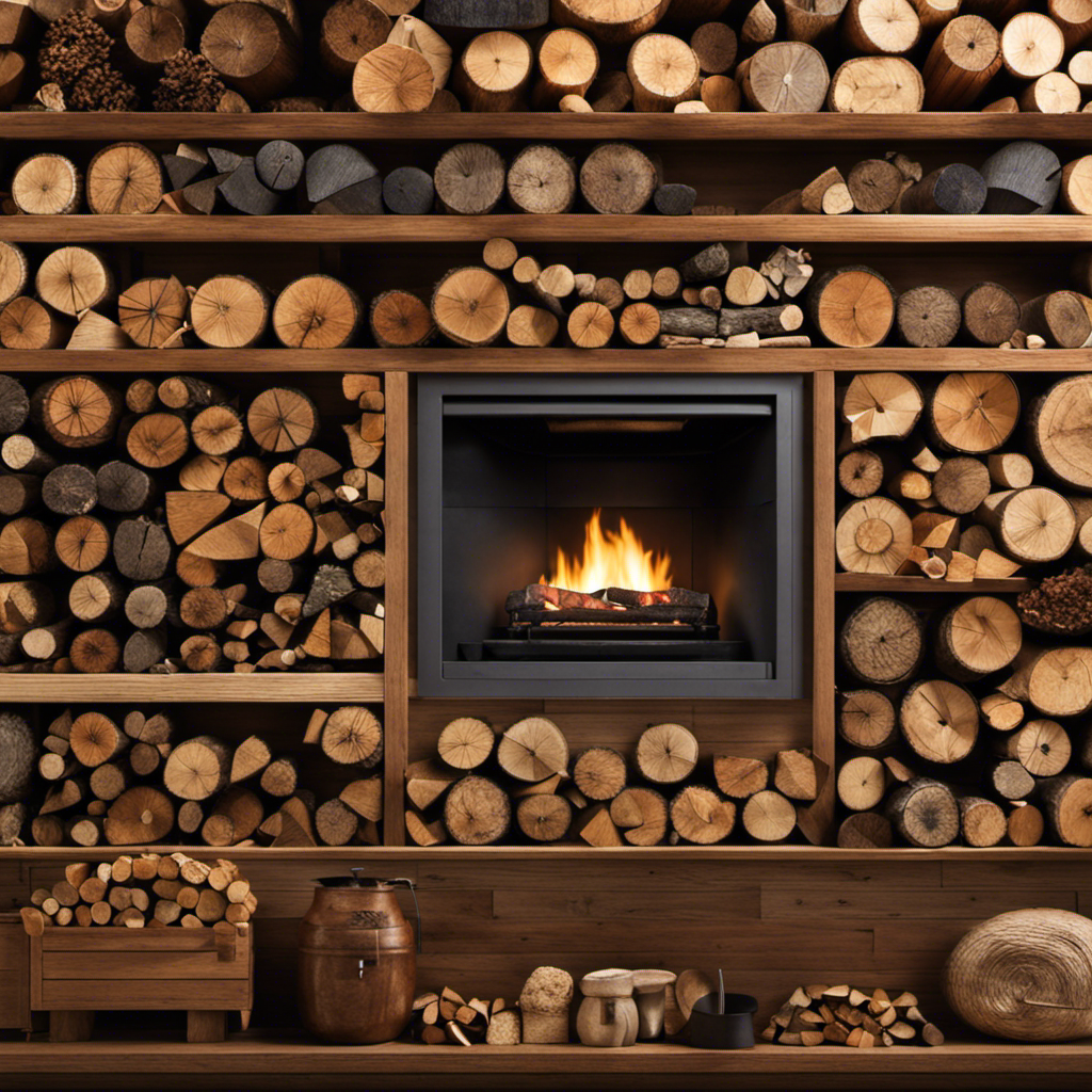 An image showcasing a variety of wood types neatly stacked beside a roaring wood stove