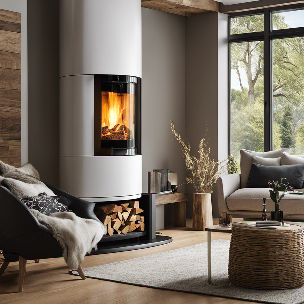 An image showcasing a cozy living room with a stylish, modern high-efficiency wood burning stove as the focal point