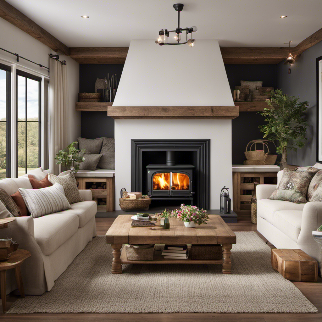 An image showcasing two cozy living rooms side by side, one with a sleek pellet stove emitting warm, even heat, and the other with a rustic wood stove exuding a charming, crackling fire