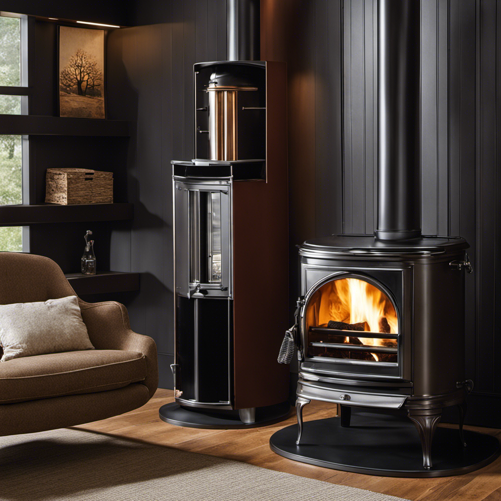 An image showcasing two wood stoves side by side: one made of sleek, polished steel, radiating a modern aesthetic, and the other crafted from rustic cast iron, emanating a timeless charm