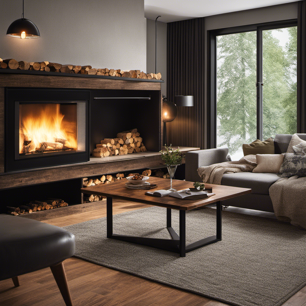 An image showcasing a cozy living room with a traditional fireplace made of rustic wood, contrasting with a modern pellet stove in the background emitting a warm, eco-friendly glow