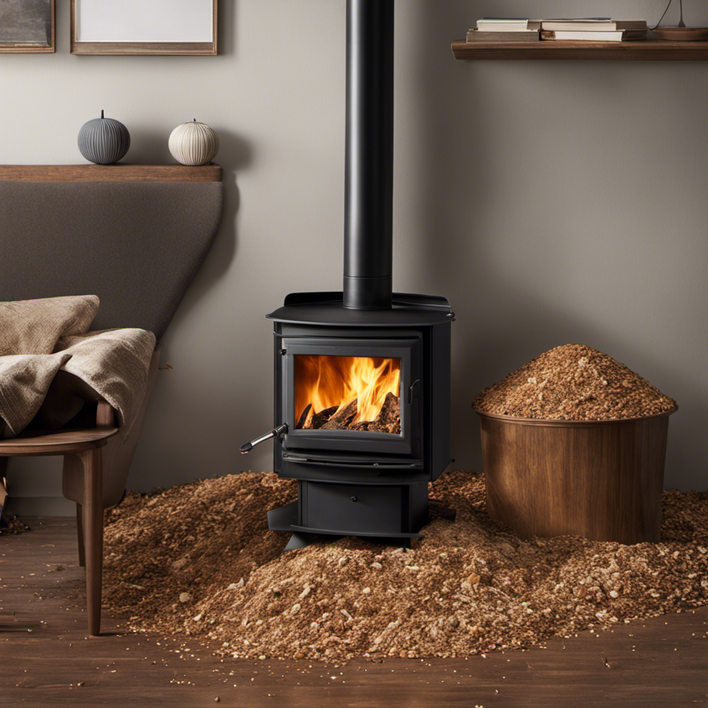 An image showcasing the aftermath of wood and pellet stoves, capturing a cluttered room filled with scattered wood chips, ash, and sawdust alongside scattered pellets, emphasizing the messiness of both heating methods