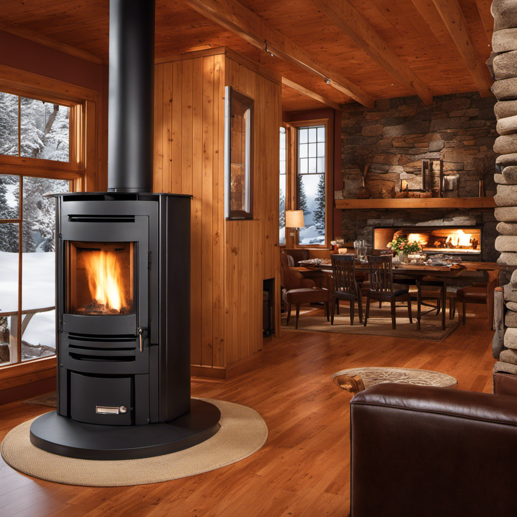 An image showcasing two contrasting heating systems side by side: a modern propane furnace emitting a warm, clean flame, and a wood pellet stove radiating cozy warmth with a stack of neatly arranged wood pellets nearby