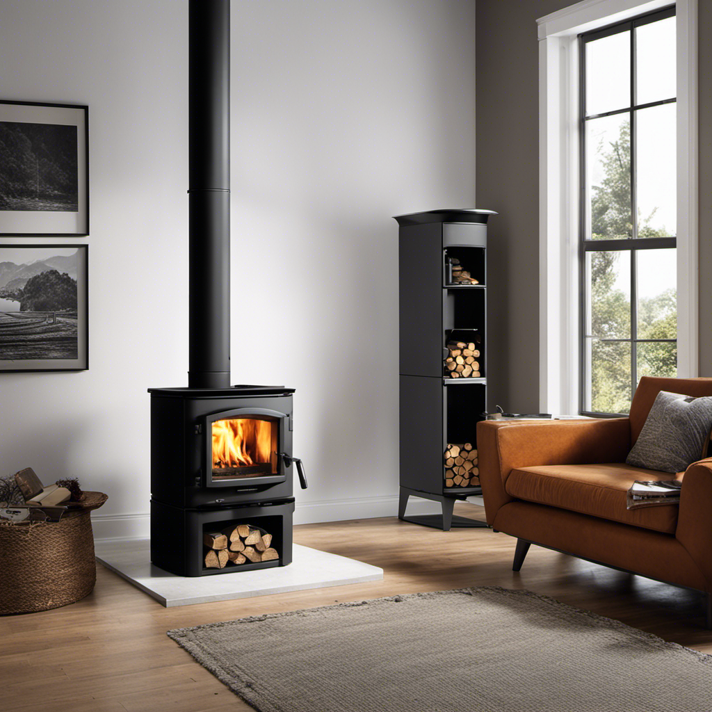 An image showcasing a side-by-side comparison of a traditional wood stove and a modern pellet stove, highlighting their intricate internal mechanisms and contrasting fuel sources, emphasizing efficiency and sustainability