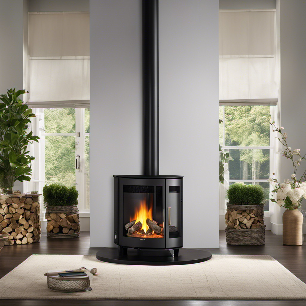 An image showcasing two modern, sleek stoves side by side, one burning wood pellets with vibrant flames and the other emitting a clean blue flame fueled by propane