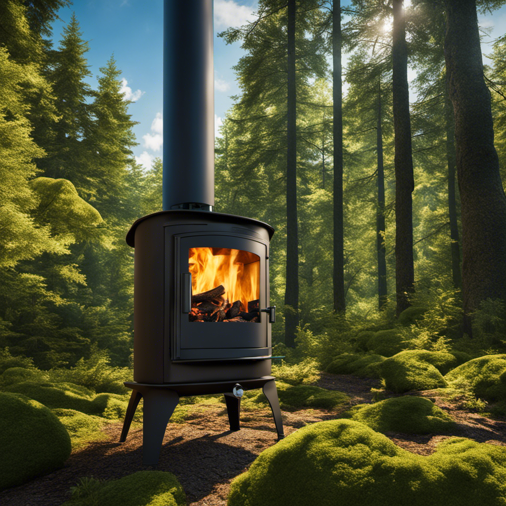 An image showcasing a lush forest with towering trees and clear blue skies, alongside a modern pellet stove emitting clean, eco-friendly smoke