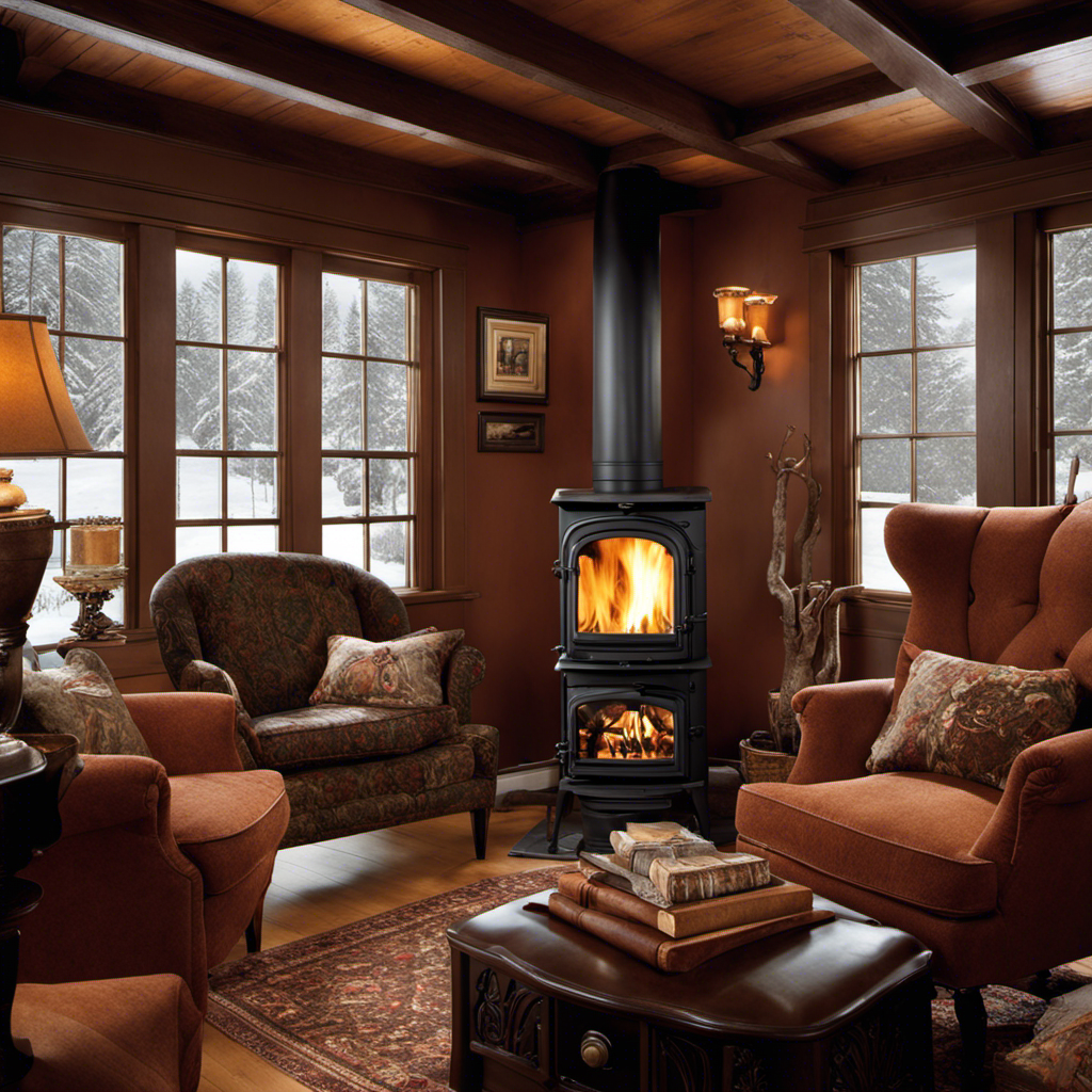An image showcasing a cozy living room scene with a Dutchwest 2477 wood stove as the focal point