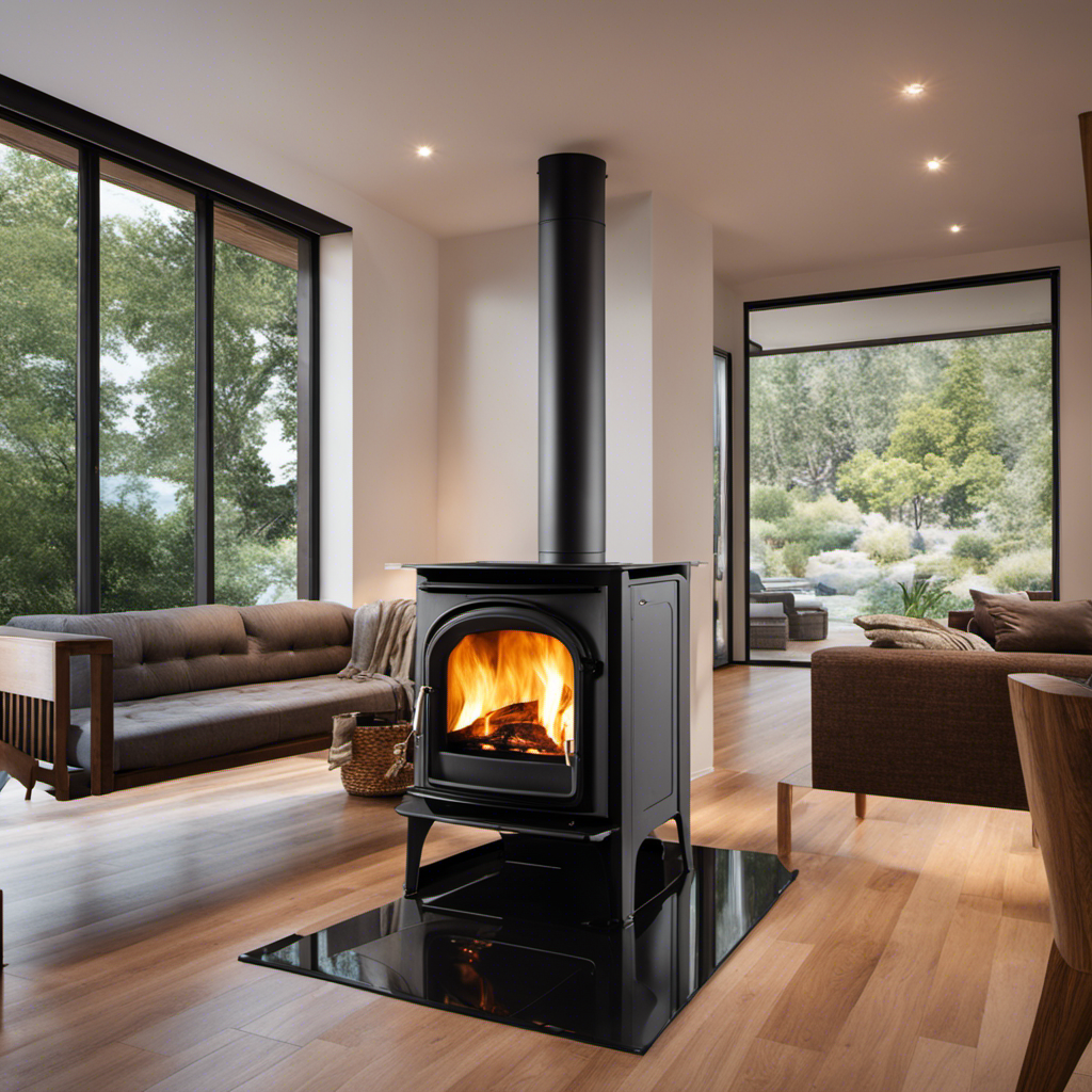 An image showcasing a spacious living room with a sleek, black Pacific Energy wood stove as the focal point