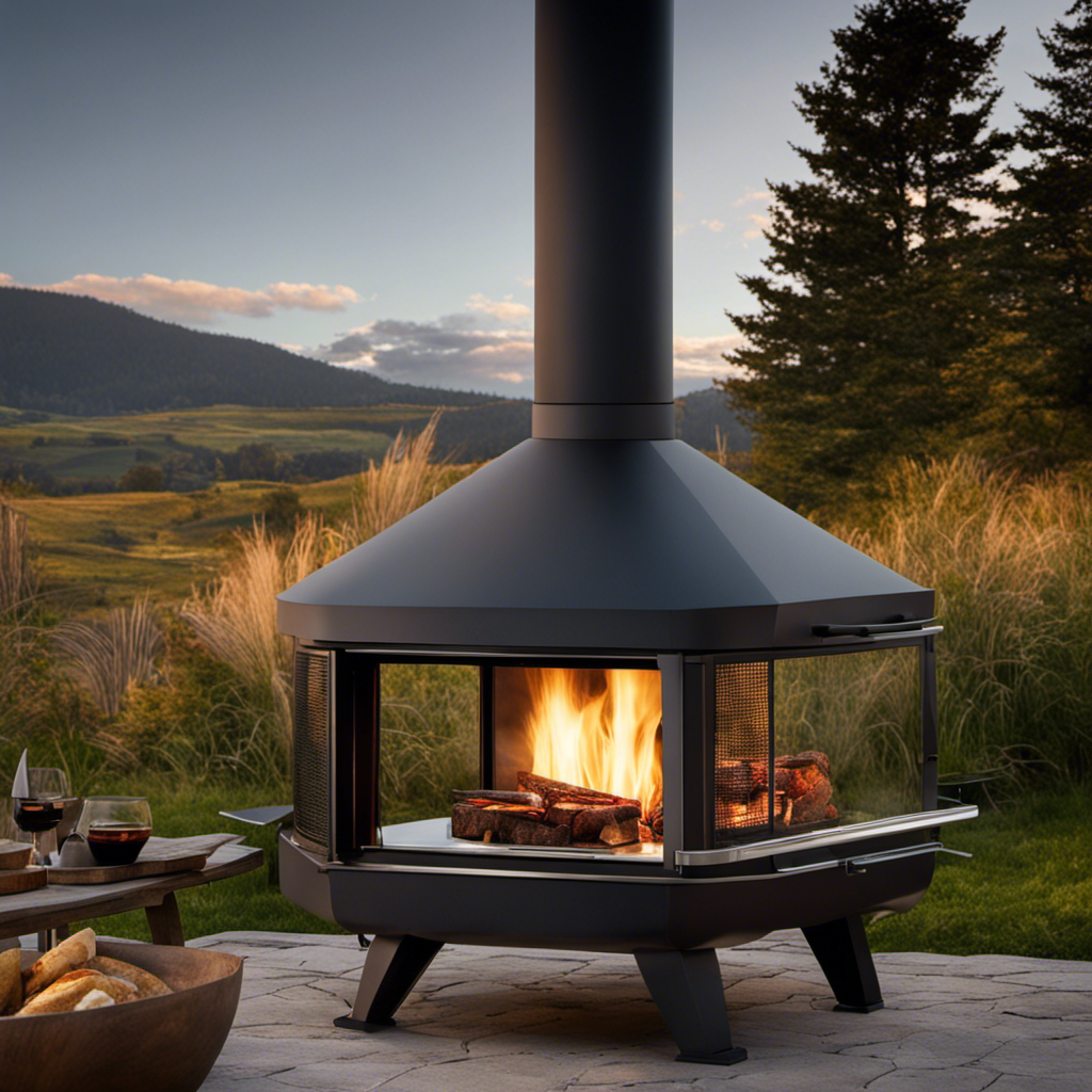An image showcasing a sleek and modern outdoor wood stove, with an open fire blazing inside