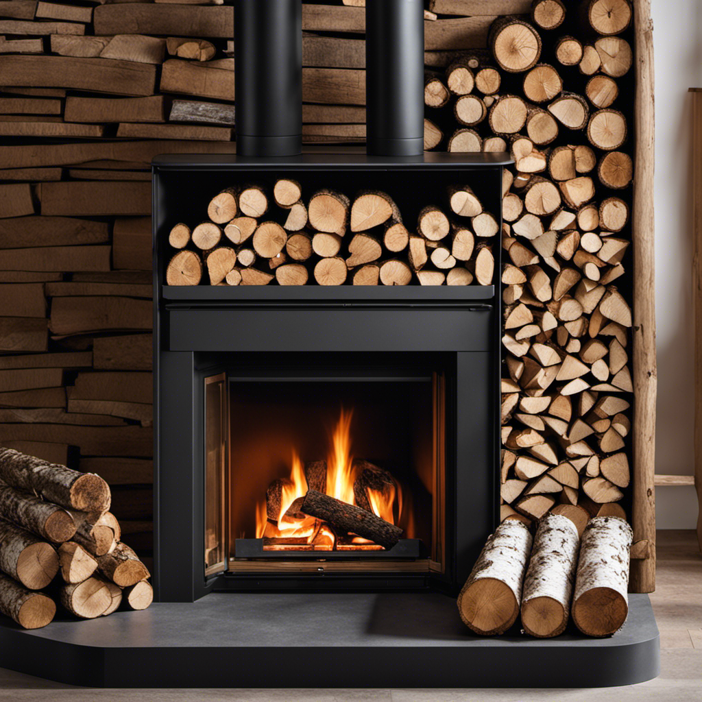 An image showcasing a vibrant stack of sustainably harvested oak and birch logs neatly arranged next to an eco-friendly stove, radiating warmth and emitting clean, efficient heat
