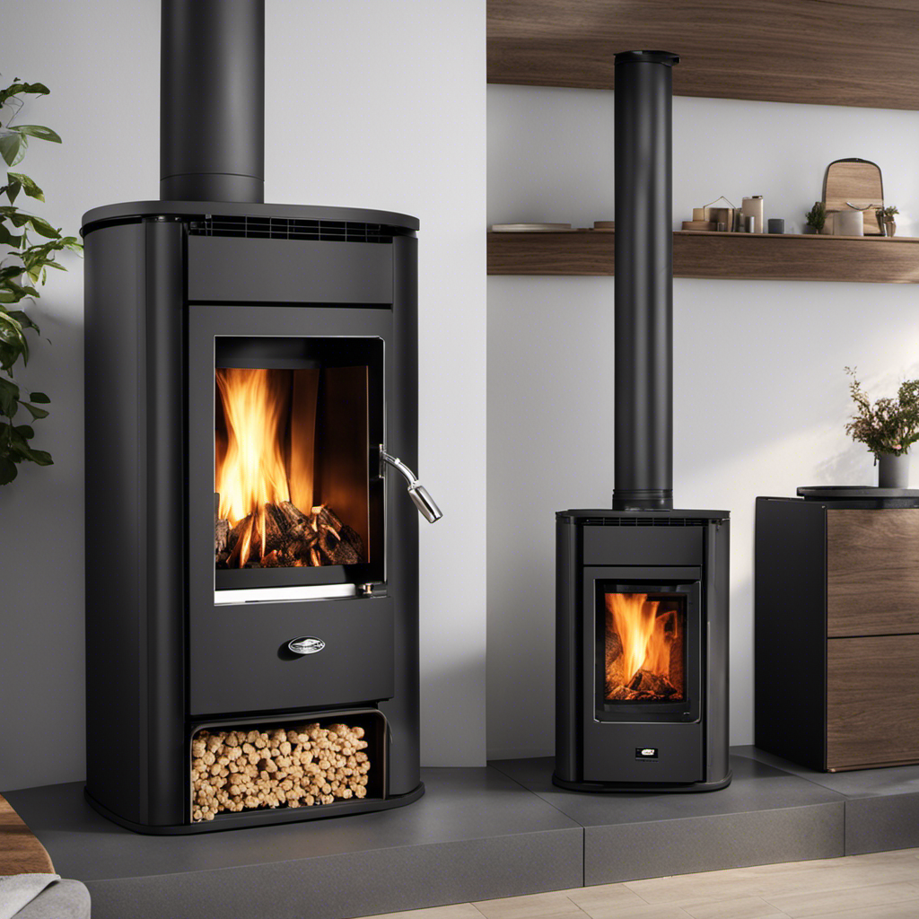 An image showcasing two wood pellet stoves side by side, each burning a different type of wood pellet