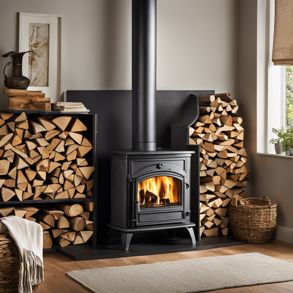 An image showcasing a variety of wood types, neatly stacked beside a high-efficiency wood burning stove