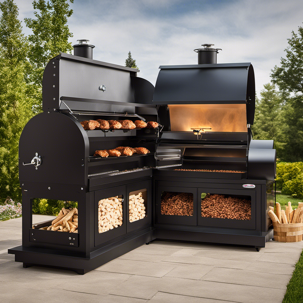 An image showcasing a lineup of wood pellet BBQ pits, each with their respective ratings displayed prominently