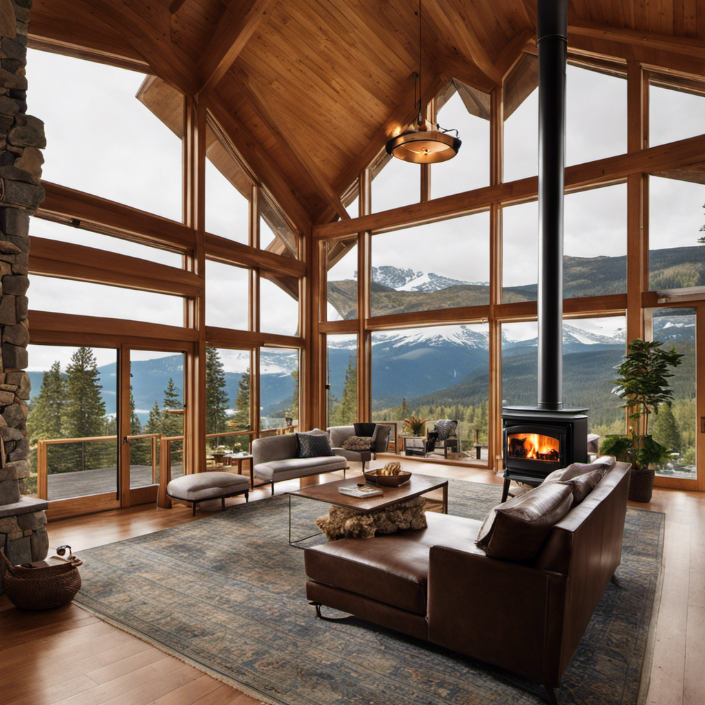 An image showcasing a spacious living room with a panoramic view through a massive, crystal-clear glass door of a wood stove