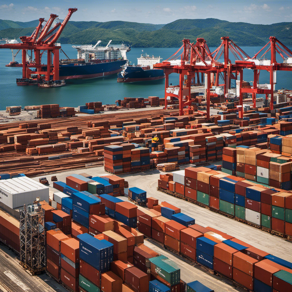 An image showcasing a bustling port with massive cargo ships being loaded and unloaded