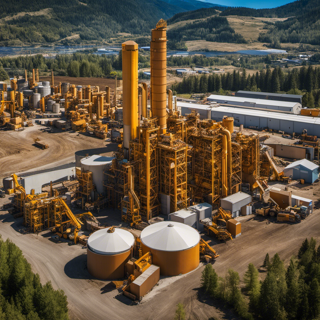 An image showcasing a bustling wood pellet factory in Okanagan