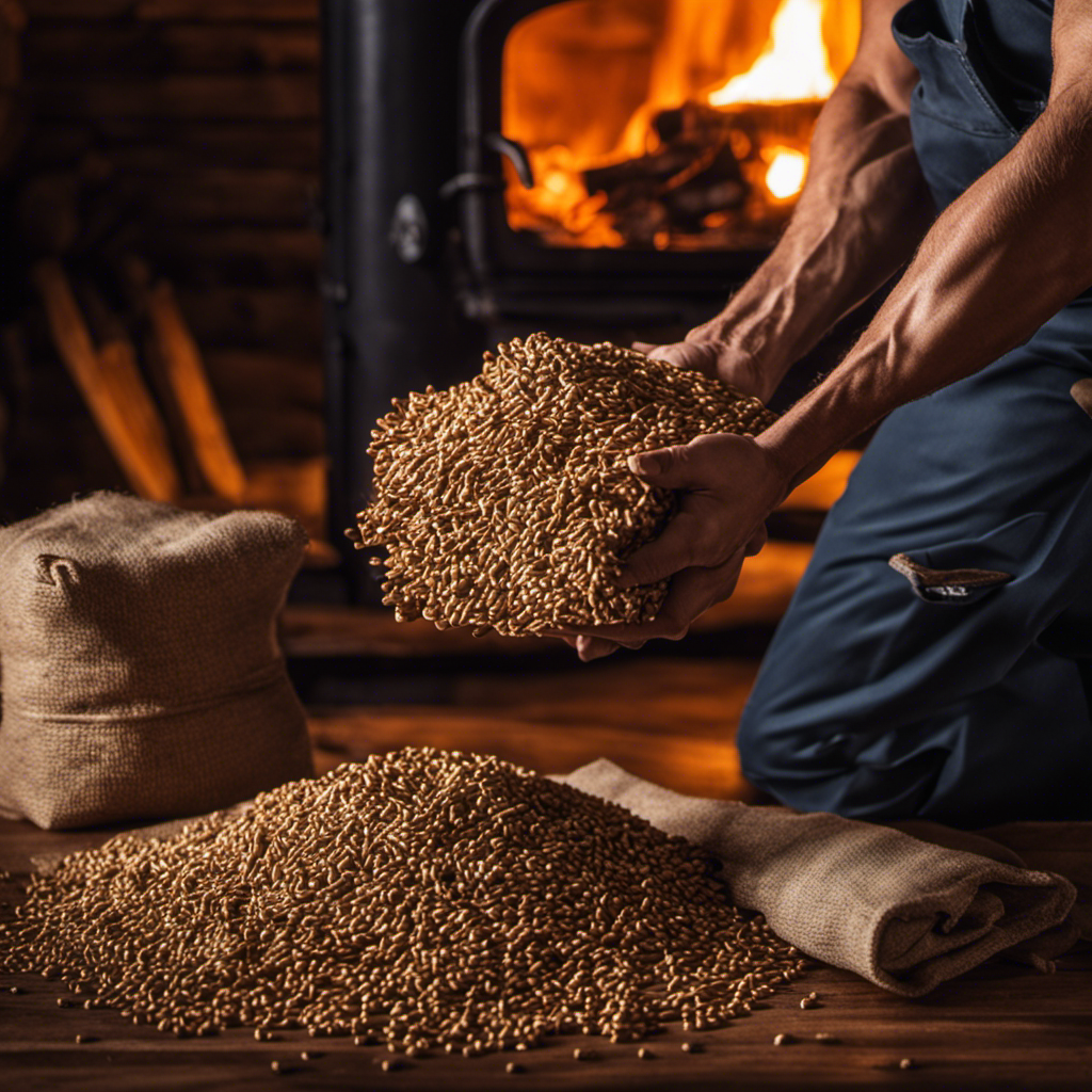 An image featuring a close-up shot of a muscular individual in work attire, carrying a stack of neatly packaged pine pellets, with a wood stove in the background emitting warmth and a cozy ambiance
