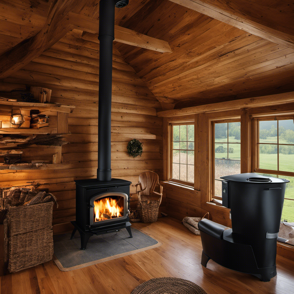 An image of a serene countryside scene in Seneca County, NY, featuring a rustic wood pellet stove nestled inside a cozy home