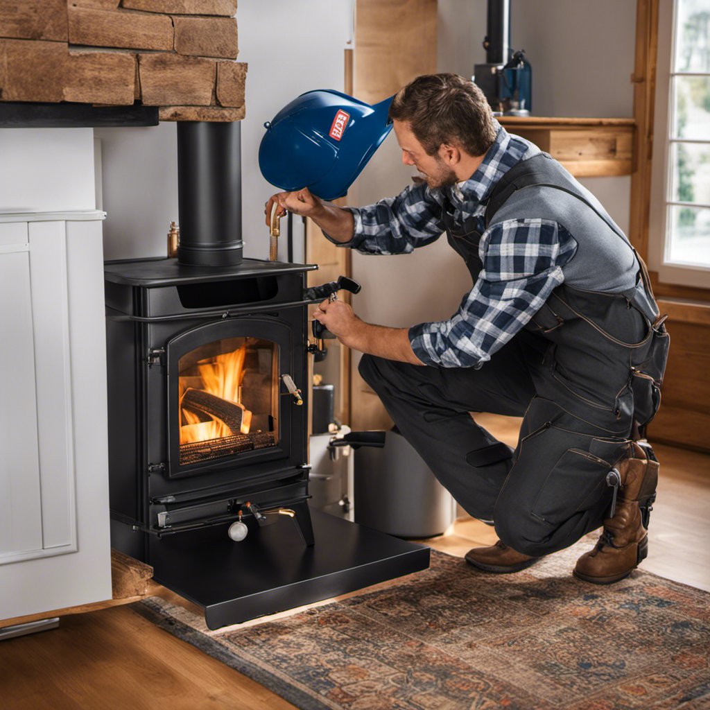 An image showcasing a skilled technician, clad in work overalls, expertly installing a wood pellet stove in a cozy living room